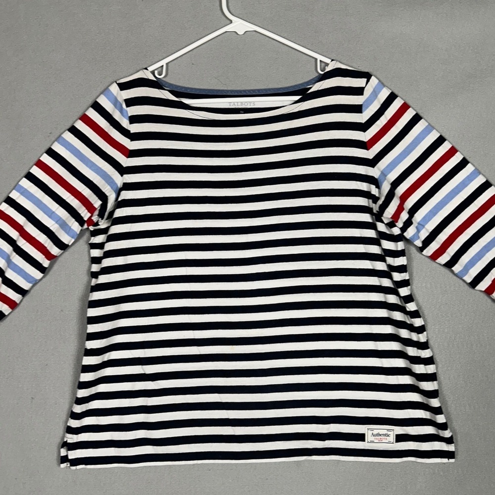 Talbots Top Womens XP Petite Navy White Red Striped Casual 3 -Quarter Sleeve EUC
